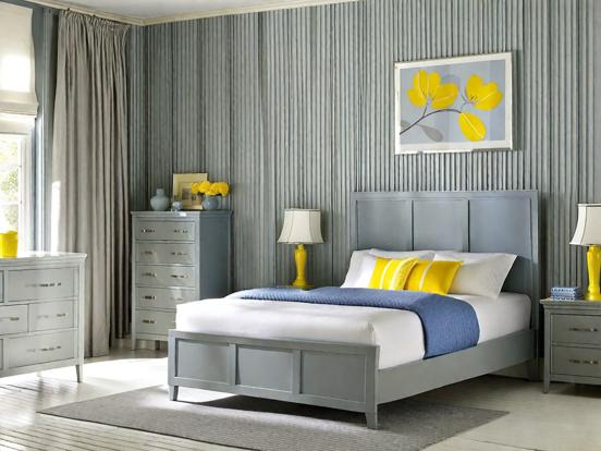 grey yellow and blue bedroom