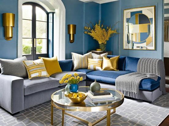 Blue gold living room closeup