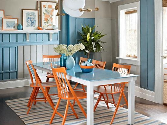 Teal orange table chairs vase