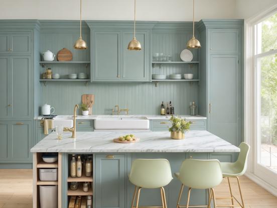 Kitchen marble island teal chairs