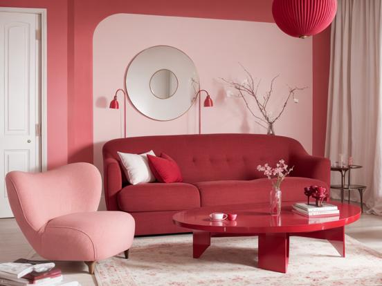 Bright living room red couch