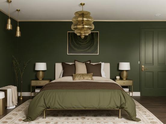 Closeup serene bedroom green gold