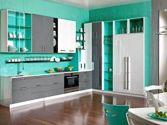 Modern teal kitchen setup