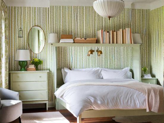 Serene bedroom with bookshelf