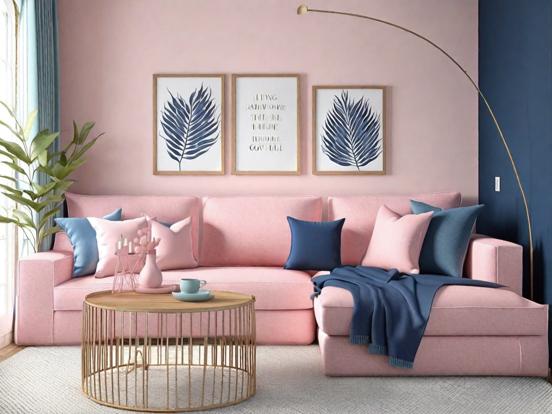 Pink couch blue pillows room