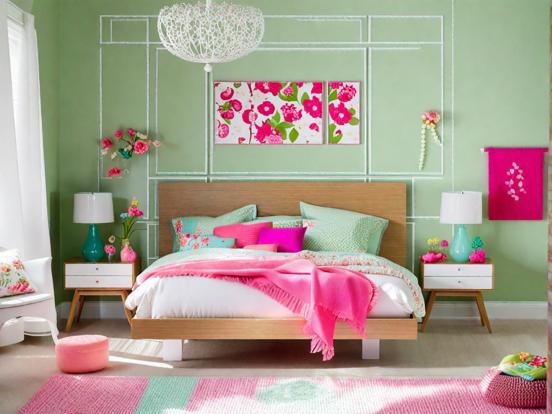 Girly pink green bedroom