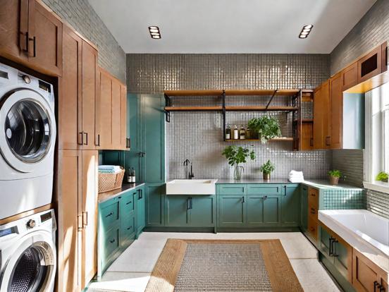 Green kitchen washer dryer trendy