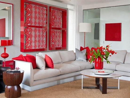 Red white living room decor