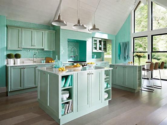 Teal kitchen island window