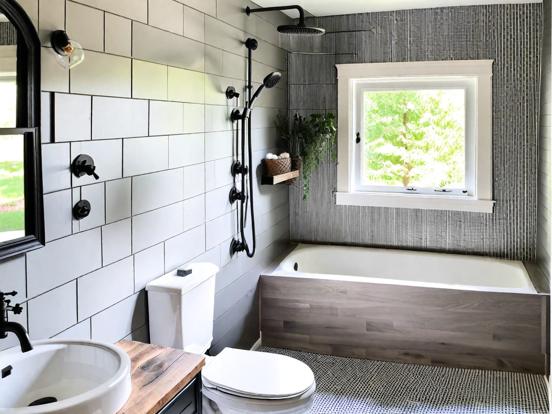 Modern bathroom with patterned tiles