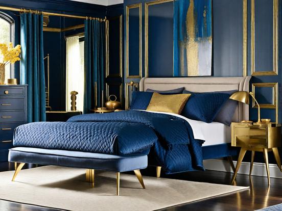 Blue gold bedroom closeup