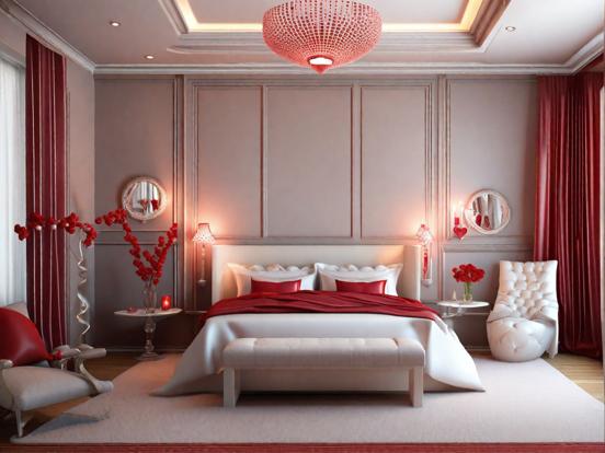 Red white serene bedroom 3D