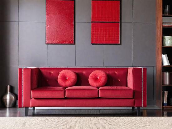 Red couch living room bookcase