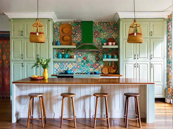 Three stools in vibrant kitchen