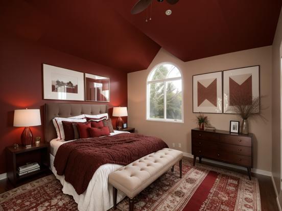 Red bedroom large bed maroon accents