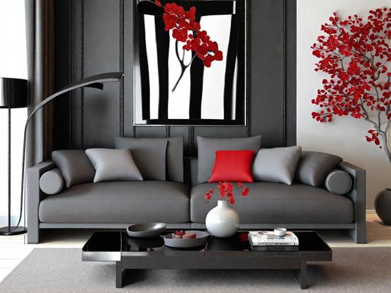 Living room with red black grey