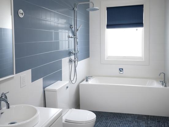 Blue white tiled bathroom interior