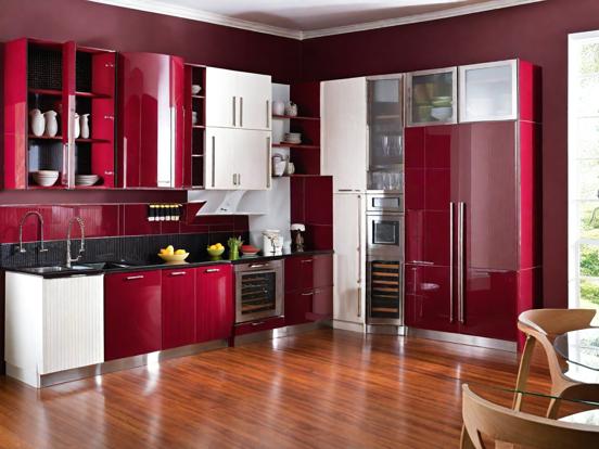 Luxury red grey kitchen closeup