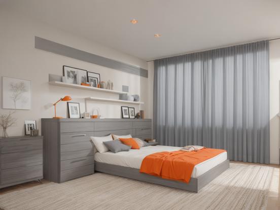 Minimalist grey orange bedroom