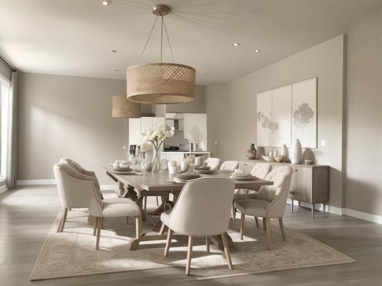 Beige dining set under chandelier