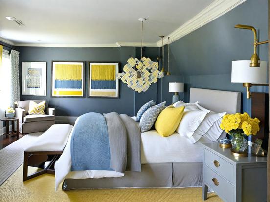 Blue yellow themed bedroom