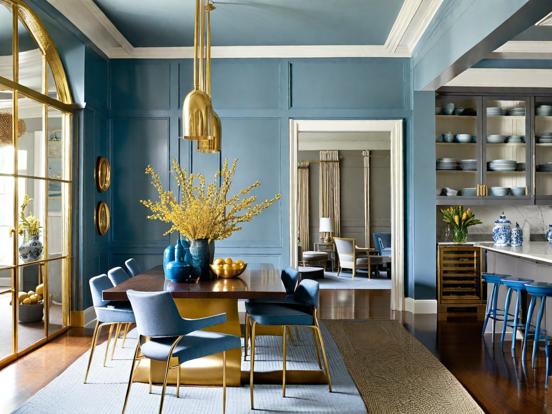 blue grey and gold dining room