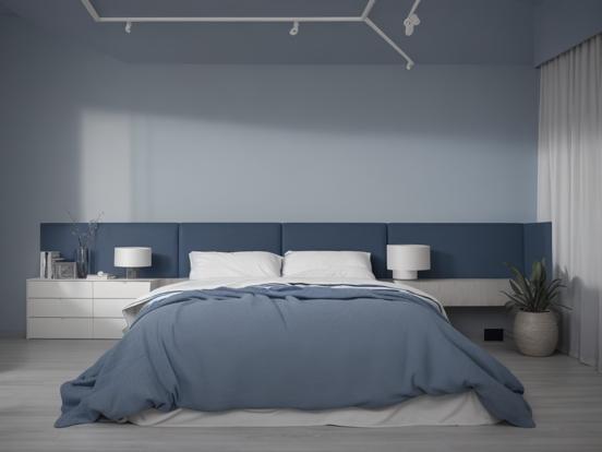 Blue bedroom white bed bright