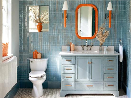 Teal orange bathroom closeup