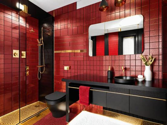 Red black gold bathroom closeup