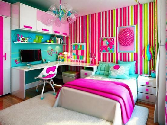 Girly pink blue bedroom decor