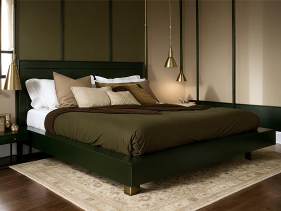 Green headboard bed earth tones