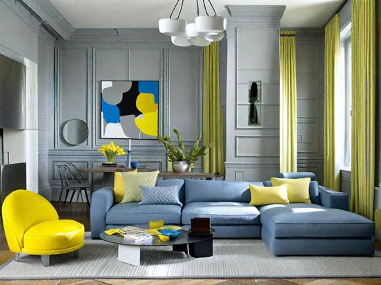 Bright blue couch yellow chairs