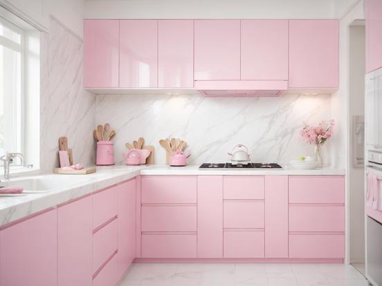 Closeup pink kitchen white counter