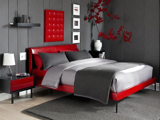 Red headboard gray blanket bed