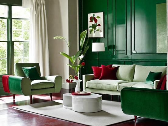 Green living room red accents