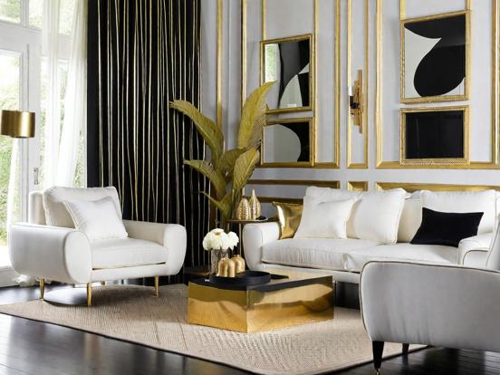 Gold accented white living room