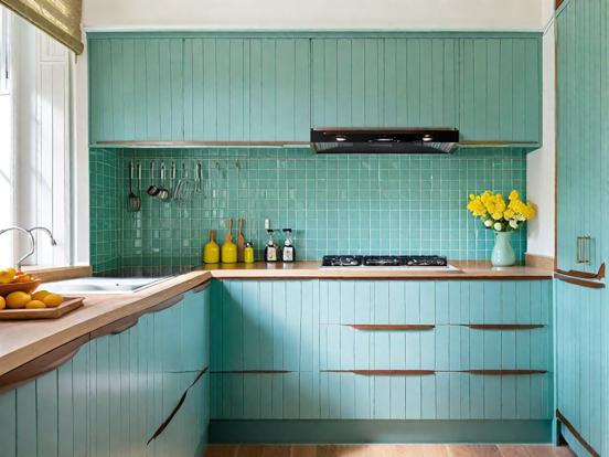 Teal kitchen closeup wood counter