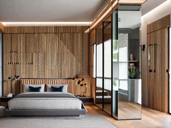 Serene bedroom with desk bed