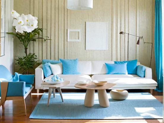 Blue living room white couch