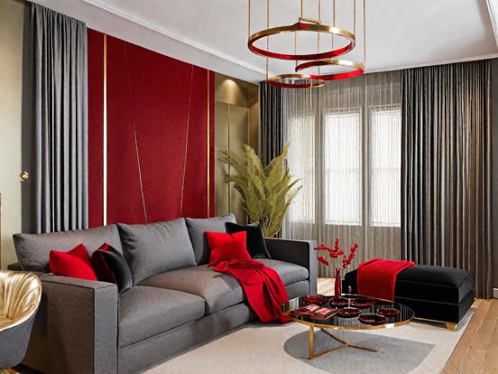 Red black gold living room