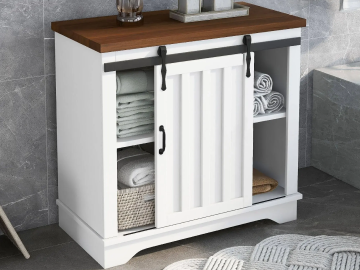 white farmhouse bathroom cabinet